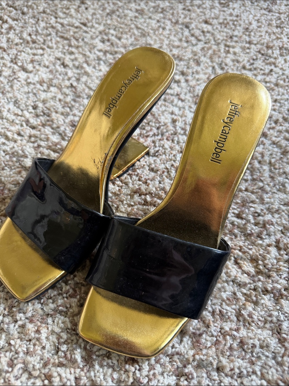 Jeffrey Campbell Black Patent & Gold Slide Mules